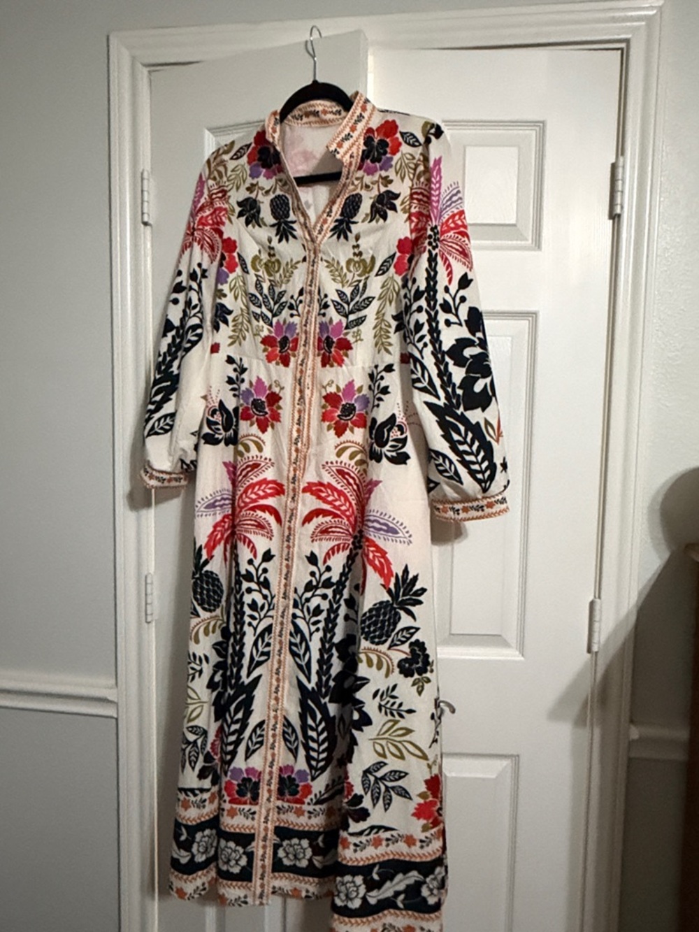 Khaki Boho Women's Palm Tree Print Long Sleeve Button Down Casual Midi Dress